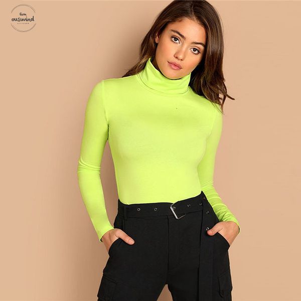 

solid turtleneck slim fitted neon tee women long sleeve t-shirt 2019 autumn womens clothing women casual tee shirt, White