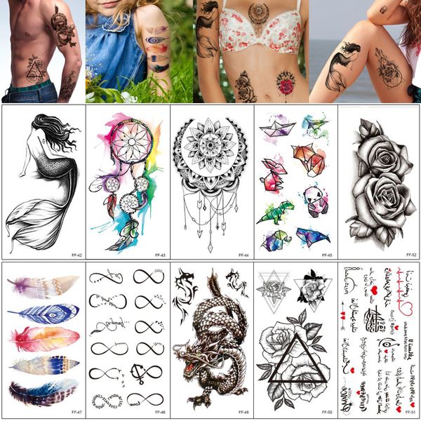 Acheter Faux Noir Temporaire Autocollant De Tatouage Sirène Dreamcatcher Chat Plume De Dragon Designs Body Art Tattoo Pour Le Transfert Homme Femme
