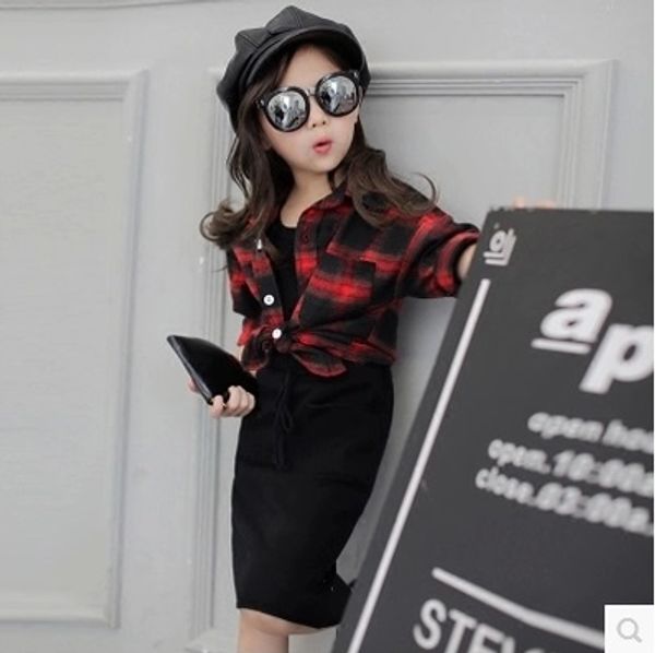 

2017 new autumn girl plaid sleeveless dress 2pcs per set kids clothing suit, White