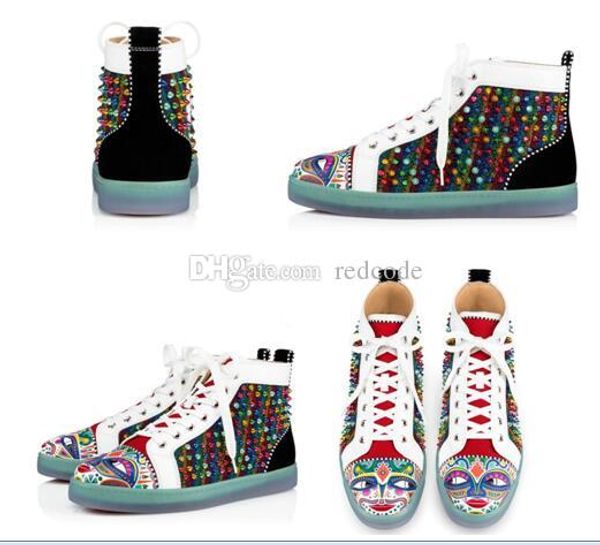 

19s popular round-toe spikes high red bottom shoes for men,women rainbow glitter leather rivets sneakers casual walking eu35-47, Black