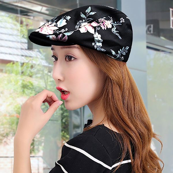 

england style solid spring winter hats for women fashion outdoor beach sun hat casual flowers print beret caps verano #c, Black;white