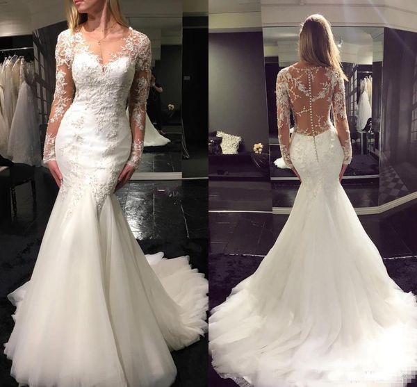 

modest long sleeves mermaid wedding dresses sheer neck appliques tulle illusion back bridal gowns african arabic wedding gowns, White