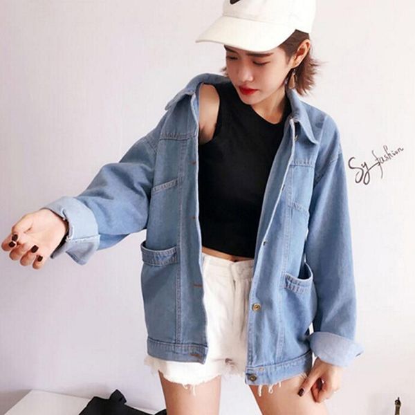 

spring autumn women ladies long sleeve punk streetwear harajuku light blue basic denim jeans coat casual jean jacket women, Black;brown