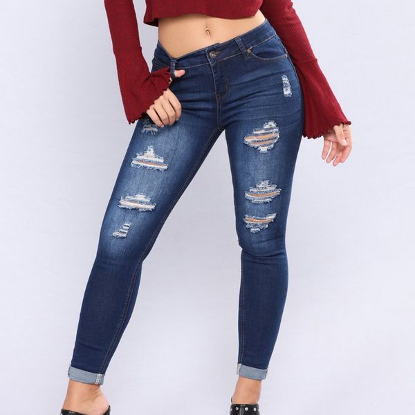 

nibesser 2019 new arrival women's high waist casual denim jeans cotton pocket button ripped zipper skinny pencil full jeans, Blue
