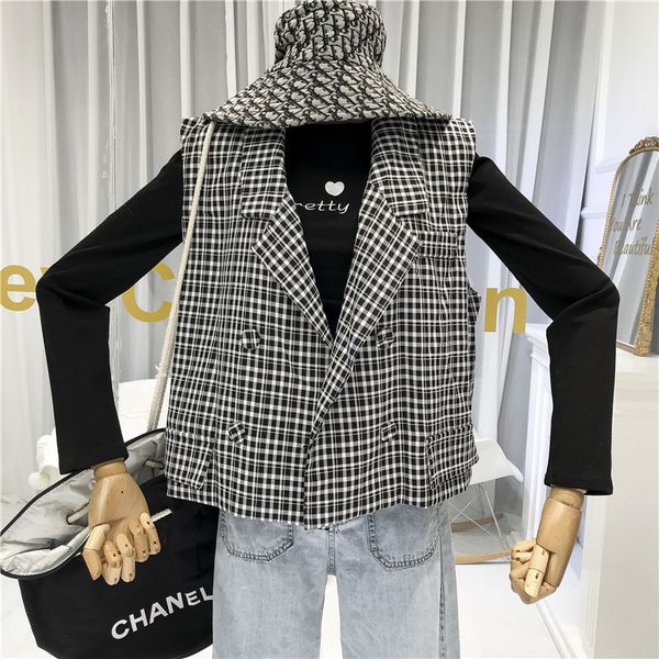 

2019 autumn new korean version of the loose black and white plaid suit vest women short paragraph double-breasted vest jacket, Black;white