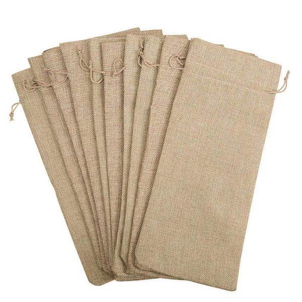 

abui-10pcs jute wine bags, 14 x 6 1/4 inches hessian wine bottle gift bags with drawstring