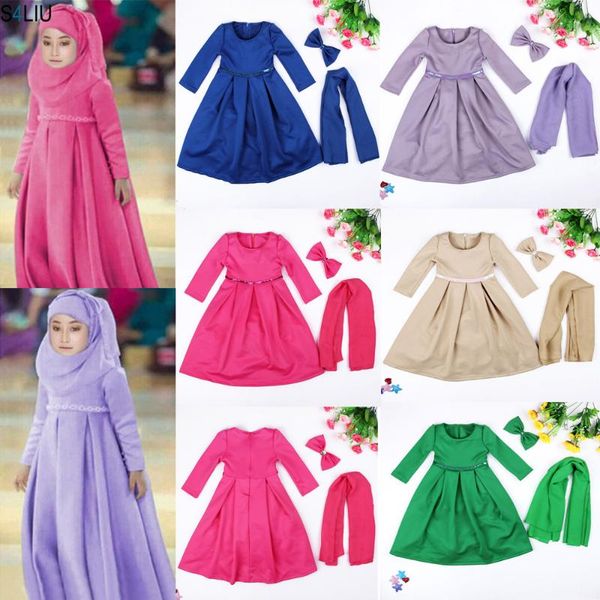 

abaya girls muslim sets dress + hijab +bow headbands outfits for costume kids jilbab islamic maxi clothing party holiday casual, Red