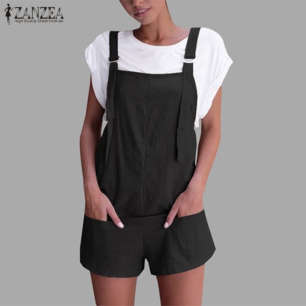 

zanzea women casual strappy pockets solid short rompers summer cotton linen dungarees bib overalls beach party jumpsuits pants, Black;white