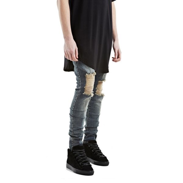 

марка дизайнер slim fit рваные джинсы мужчин привет-стрит мужские проблемные denim бегуны колено дыры омывается разрушенный jeans, Black