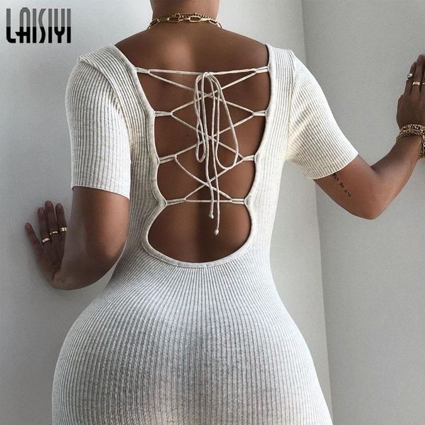 

laisiyi knitted backless lace up short sleeve playsuits romper party club women jumpsuits fashion outfits female body 2020, Black;white