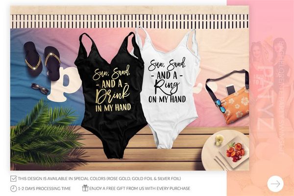 

bachelorette party sun sand and a drink in my hand bride bridesmaid one-piece swimsuits summer gold printing bathing suits, White;black