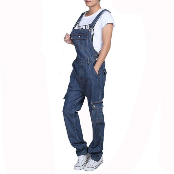 

mcikkny fashion men's cargo denim bib overalls multi pockets loose baggy jeans jumpsuits for male suspender pants size s-5xl, Blue