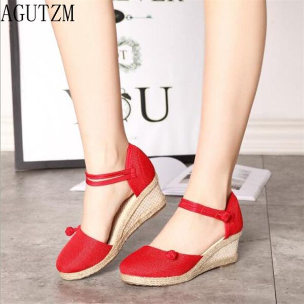 

vintage women sandals casual linen canvas wedge sandals summer ankle strap med heel platform pump espadrilles shoes v10, Black