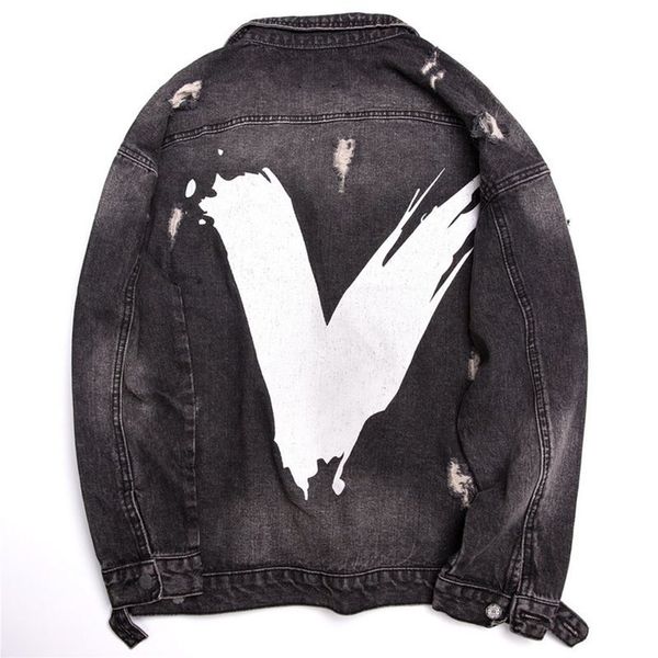 

hip hop men's oversized denim jackets big v printed ripped jean jacket fashion streetwear coats for couples, Black;brown