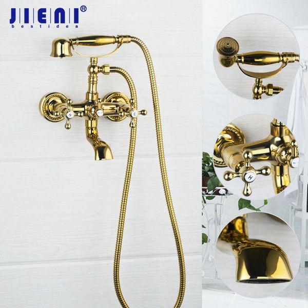 

jieni luxury wall mounted double handles polished golden shower bathroom basin sink bathtub shower tap mixer faucet
