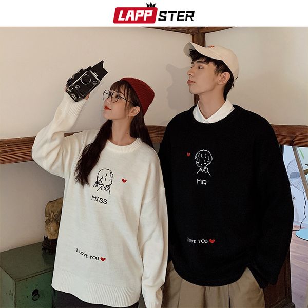 

мужчины вышивки крупногабаритного свитер 2019 пар смешного streetwear пуловер harajuku свитер человек корейский kawaii одежда ins, White;black