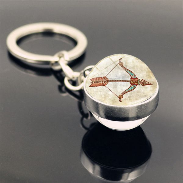 

12 constellation time stone retro keychain double-sided glass ball charm metal keychain keyring creative men women jewelry friend gifts, Slivery;golden