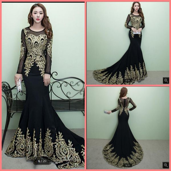 

vestido de festa black gold lace appliques modest evening dresses long sleeve sheer back court train muslim women prom evening gowns, Black;red