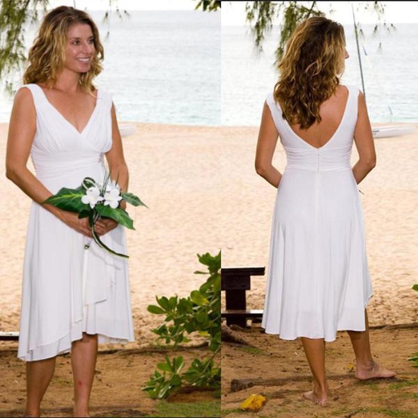 

2019 Cheap V-neck Wedding Dresses Pleated Chiffon Bridal Gown Custom Made Simple Beach Tea Length Bridal Gowns