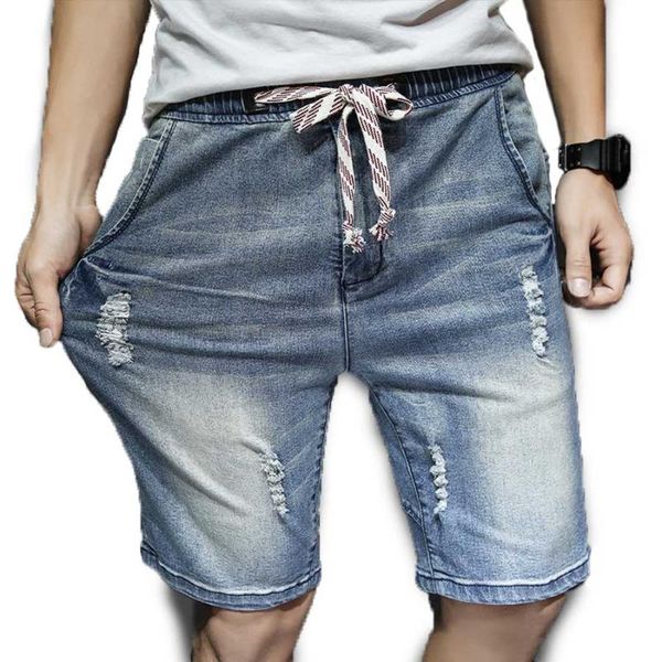 

men's harem short jeans drawstring waist knee length holes summer shorts denim male clothing fashion 2020, White;black