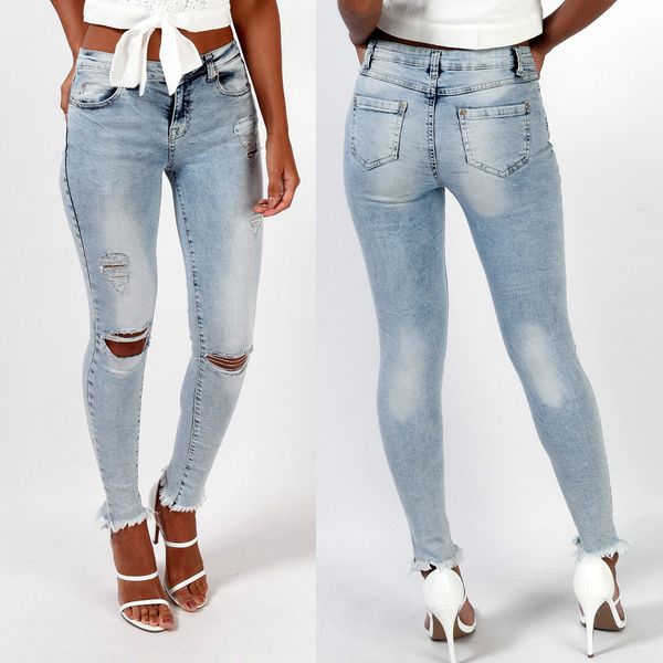 

retro hole jeans women long pants autumn fashion denim pencil pant lady wild tight tassel casual trousers skinny bottoms, Blue