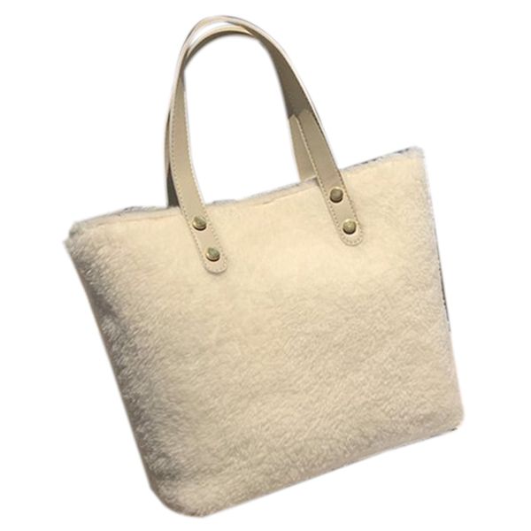 

fggs-women's plush handbag casual tote bag artificial lamb wool shoulder bag white