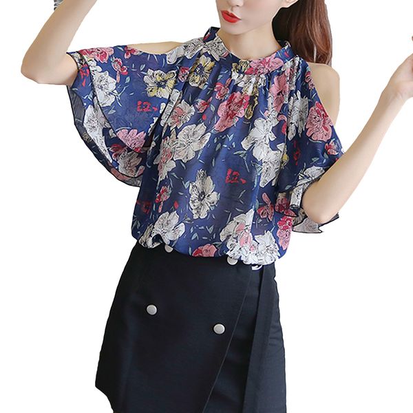 

2019 women fashion floral blouses cold shoulder printed chiffon shirt blusas summer ladies ruffle sleeve and blouses tunic, White