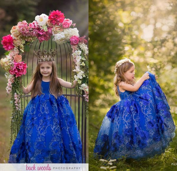 Royal Blue Flower Girl Dresses Para Wedding Jewel Neck Lace Feitas À Mão Flor Gilrs Pageant Vestido de Festa de Aniversário Vestidos Comunhão Desgaste