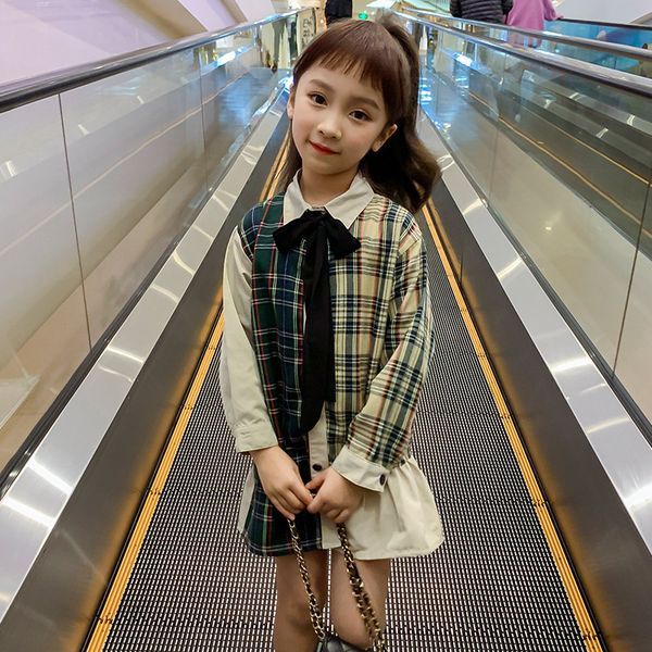 

cuhk children's stitching lattice shirt dress for girls clothes spring teenager girl green cotton blend casual plaid kids dress, Red;yellow