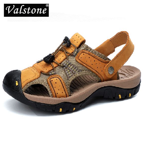 

valstone genuine leather men sandals summer men shoes outdoor sneakers brand casual non-slip footwear plus sizes hombre sandals, Black