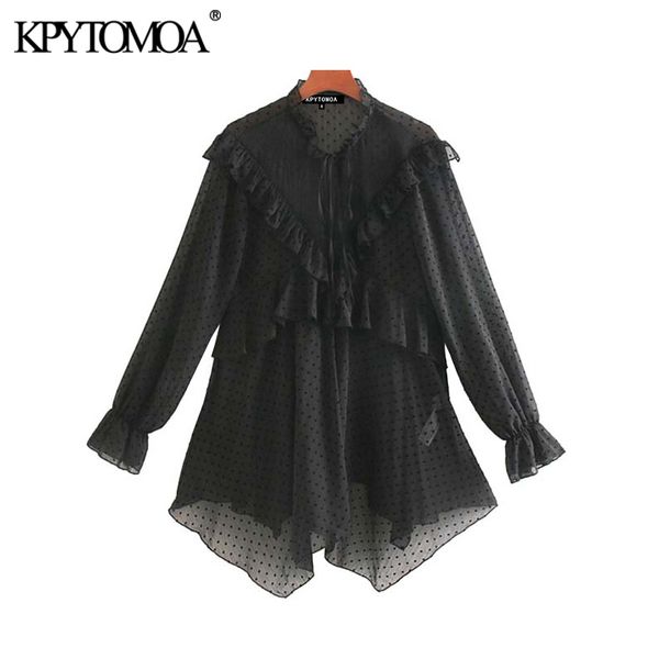 

vintage elegant ruffles dot chiffon blouses women 2019 fashion long sleeve see through irregular female shirts blusas chic, White