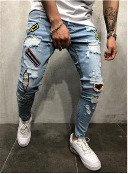 

мужская дыра патч джинсы мода вышитые печатные брюки молния эластичная сила повседневная хип-хоп стиль карандаш брюки, Black