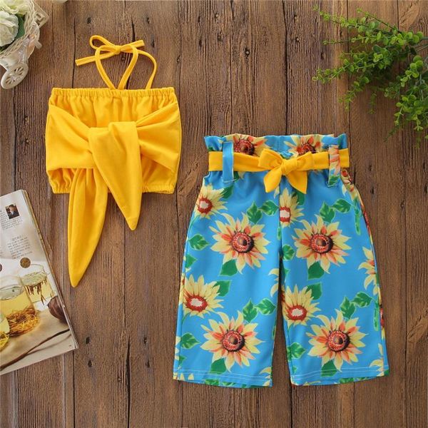 

baby girl clothes set children clothing 2020 suit sling sleeveless suspenders shirt with sunflower print trousers two-piece suit, White