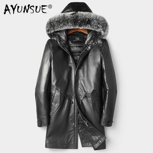 

ayunsue men's sheepskin coat genuine leather winter duck down jacket men fur collar hooded long coat 81z1801 yy278, Black