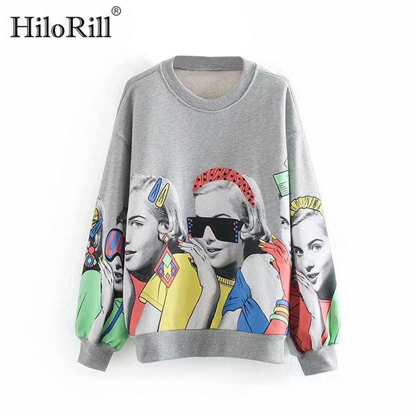 

fashion character print sweatshirt women loose o neck casual pullover female long sleeve hoodies ladies sweatshirts gray top, Black