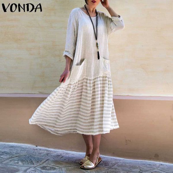 

vonda dress for women 2019 vintage bohemian long dress casual long sleeve stripe patchwork loose party vestidos female oversized, Black;gray