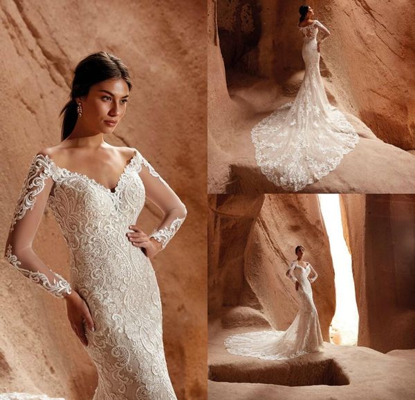 

eddy k mermaid wedding dresses illusion v neck lace appliques long sleeve bridal gowns sweep train robe de mariÃ©e, White