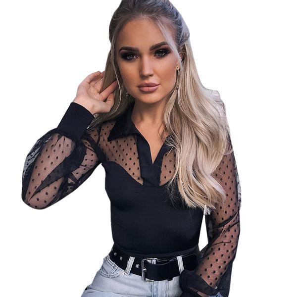 

Womens Sexy Long Sleeve Blouse T Shirt Summer Ladies Patchwork Slim Casual Mesh See-throug Cotton Tops