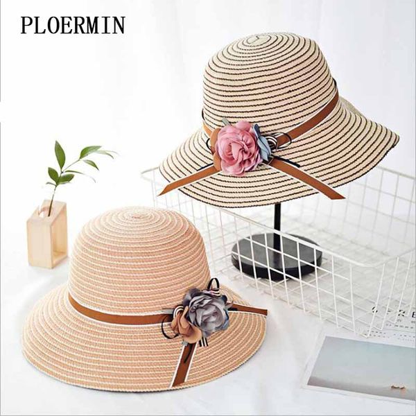 

ploermin 2019 new women sun hat uv protection casual summer beach floppy hat wide-brimmed straw flower bow, Blue;gray