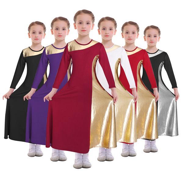

elegant girls material color patchwork praise dress long sleeve praise liturgical dance dress kids child church worship costume, Black;red