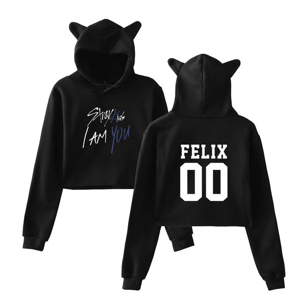 

keluoxin kpop stray kids cat ear hoodies women straykids member name print crop i am you idol cropped sweatshirt women, Black