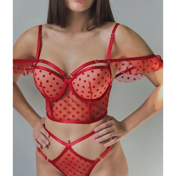 

women lingerie bra cropped bustier polka dot lace off shoulder bralette bralet bra high waist g-string underwear set, Red;black
