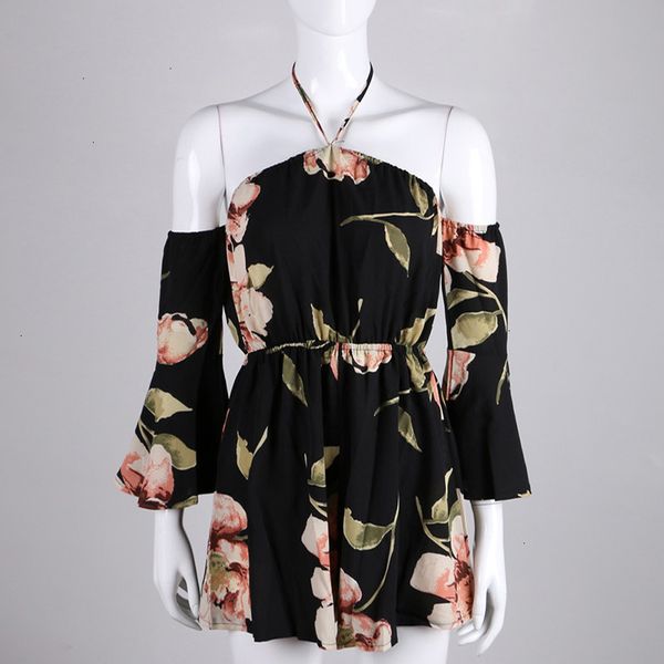 

jumpsuits for women summer romper women summer floral elastic waist women autumn flare sleeve strapless print rompers overalls for, Black;white