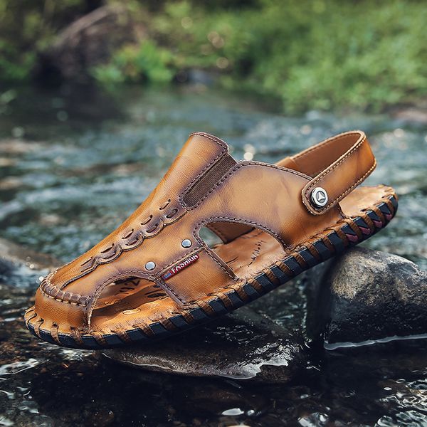 

летняя обувь пляжные сандалии мужские кожаные классические сандалии 2020 тапочки на открытом воздухе вьетнамки мужские водные треккинговые с, Black