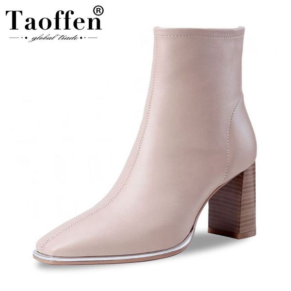 

taoffen real leather women ankle boots solid color sweet women shoes square toe casual ladies party mujer footwear size 34-40, Black