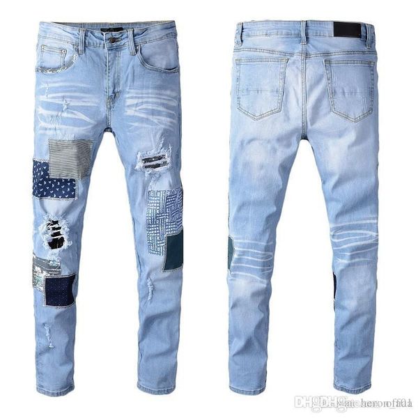 

mens designer jeans fashion washed jeans high street elastic patchwork slim jeans skinny spliced ripped biker pants us size, Blue
