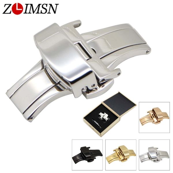 

zlimsn 12~22mm butterfly buckle polished brushed stainless steel clasp for leather watch bands belt silver black rose gold color, Black;brown