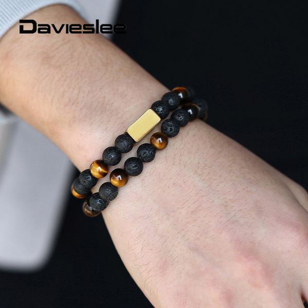 

beaded bracelet for men women double strand stretch tiger eye lava mixed stone custom name engraved id bracelet lpz022018, Golden;silver