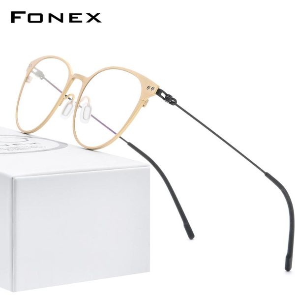 

fashion sunglasses frames fonex pure titanium glasses frame women vintage round myopia optical prescription eyeglass men 2021 screwless eyew, Black