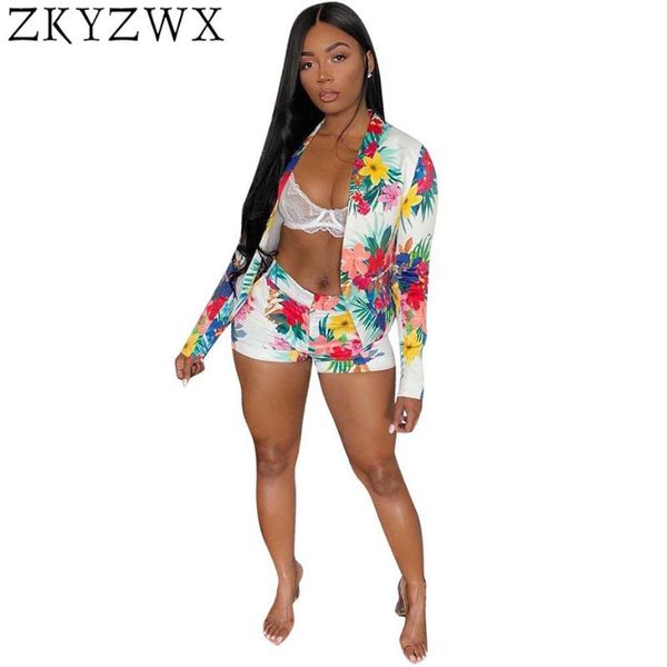 

zkyzwx two piece set 2020 summer autumn new long sleeve suit coat+floral print shorts casual 2 piece matching club outfits, Gray